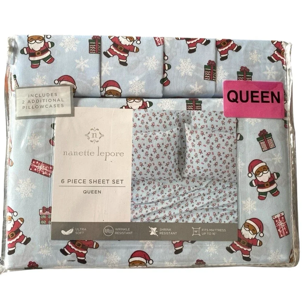 Nanette Lepore Queen Christmas Sheet Set 6-Piece Santa Holiday Bedding
